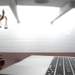 Lady Justice Statue With A Notebook In The Office. 3d Illustration.